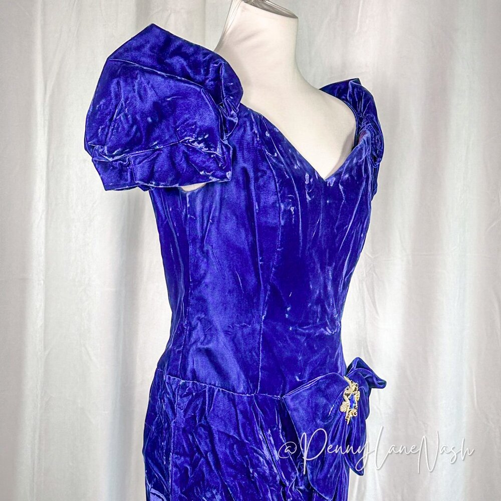 Vintage Alex Evenings Velvet Puff Sleeve Cocktail Dress Blue - Picture 3 of 12